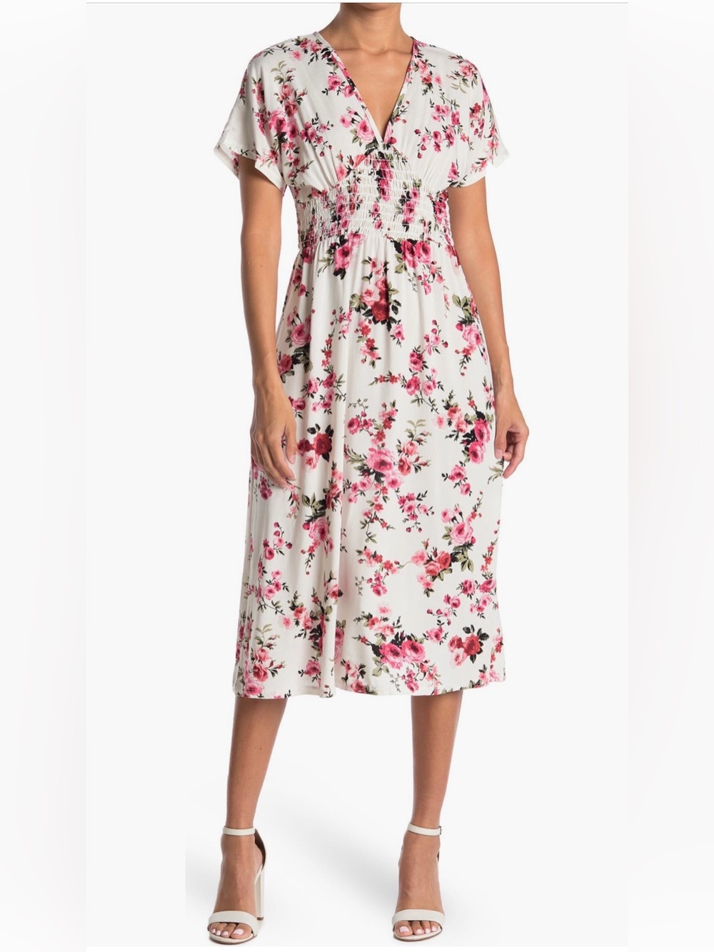 CENY Floral V-Neck Smocked Empire Waist Midi Dress Size M